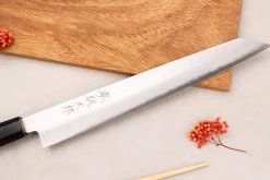 Couteau sujihiki kiritsuke 24cm japonais artisanal Momotaro Ginsan manche en magnolia