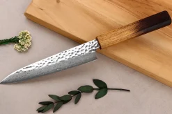 Couteau universel 15cm japonais artisanal Wusaki Yaketa VG10 damas chêne brûlé