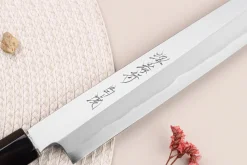 Couteau yanagiba japonais artisanal 27cm Sakai Takayuki Byakko manche en ébène + étui