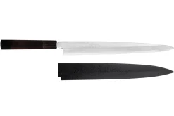 Couteau yanagiba japonais artisanal 30cm Sakai Takayuki Byakko manche en ébène + étui