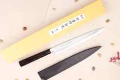 Couteau yanagiba japonais artisanal 24cm Sakai Takayuki Byakko manche en ébène + étui