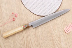 Couteau yanagiba japonais artisanal Kasahara Shigehiro forgé par Yoshikazu Ikeda 21cm