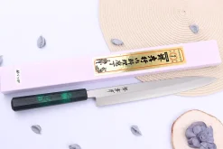 Couteau yanagiba japonais 27cm Sakai Takayuki Nanairo manche en résine laqué vert