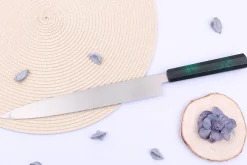 Couteau yanagiba japonais 27cm Sakai Takayuki Nanairo manche en résine laqué vert