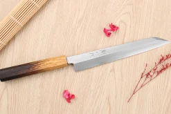 Couteau yanagiba kiritsuke 21cm japonais artisanal Nakamura Kaishin Saku WS2 en chêne