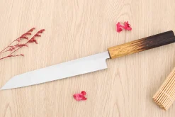 Couteau yanagiba kiritsuke 21cm japonais artisanal Nakamura Kaishin Saku WS2 en chêne