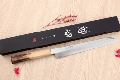 Couteau yanagiba kiritsuke 24cm japonais artisanal Nakamura Kaishin Saku WS2 en chêne