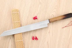 Couteau yanagiba kiritsuke 27cm japonais artisanal Nakamura Kaishin Saku WS2 en chêne
