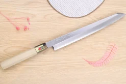Couteau yanagiba kiritsuke japonais artisanal Kasahara Shigehiro forgé par Yoshikazu Ikeda 27cm