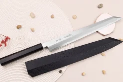 Couteau yanagiba kiritsuke japonais artisanal 30cm Sakai Takayuki Byakko manche en ébène + étui