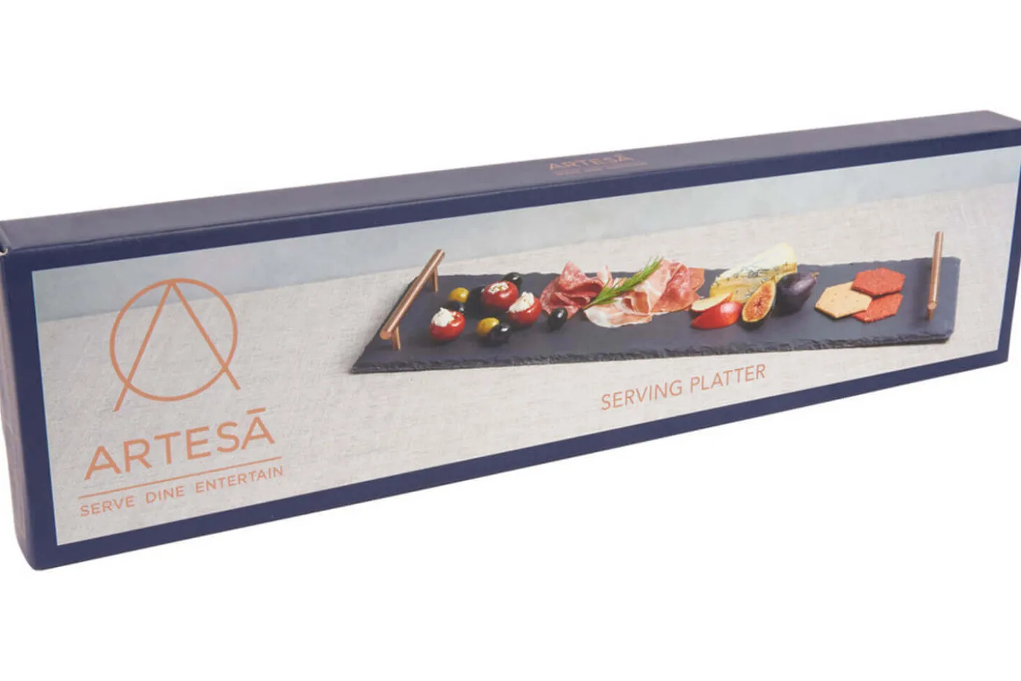 Plateau apéritif Artesà 60x15cm en ardoise et poignées cuivre