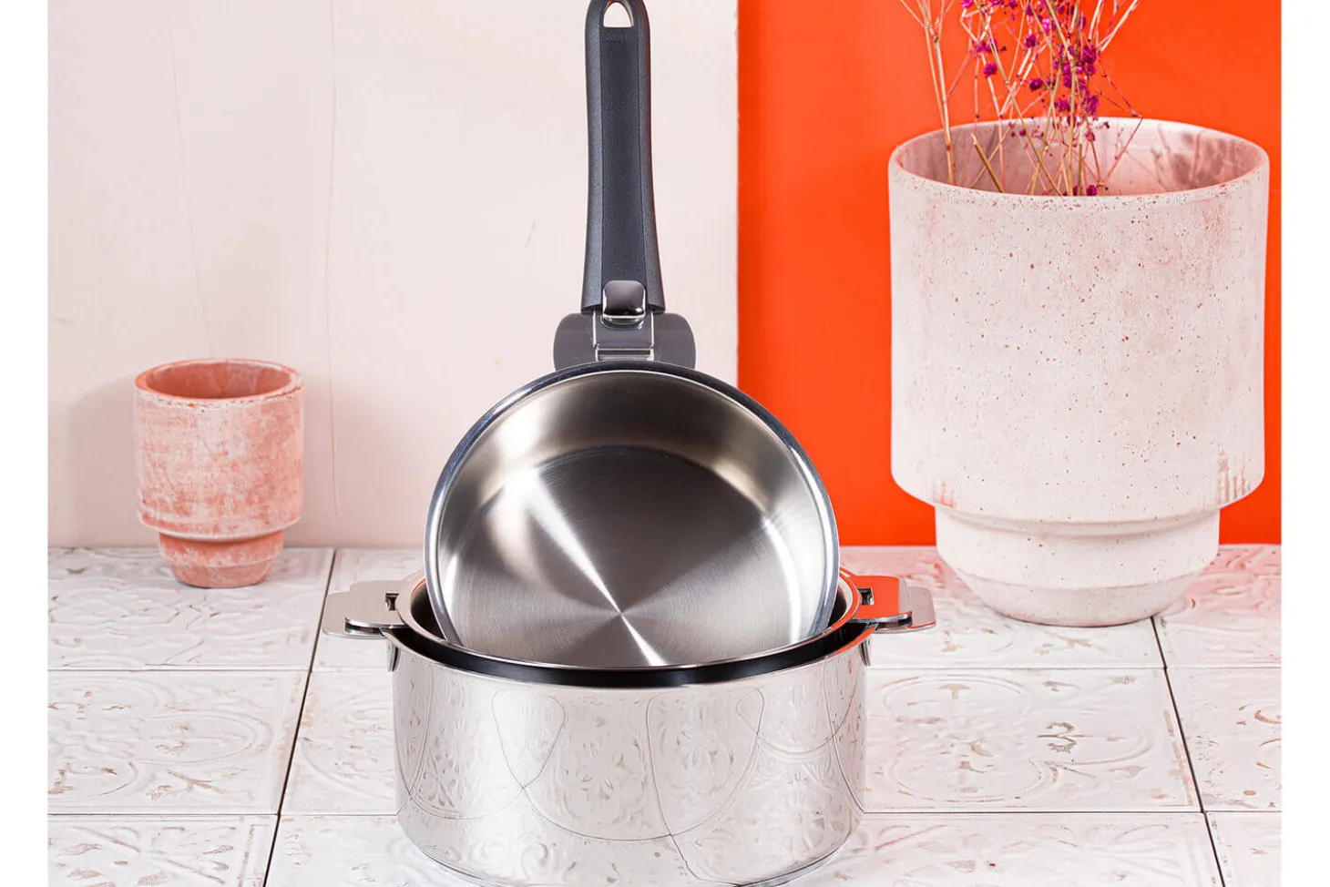 Set de 3 casseroles Cristel Mutine Amovible en inox 16 à 20cm - Poignée couleur incluse