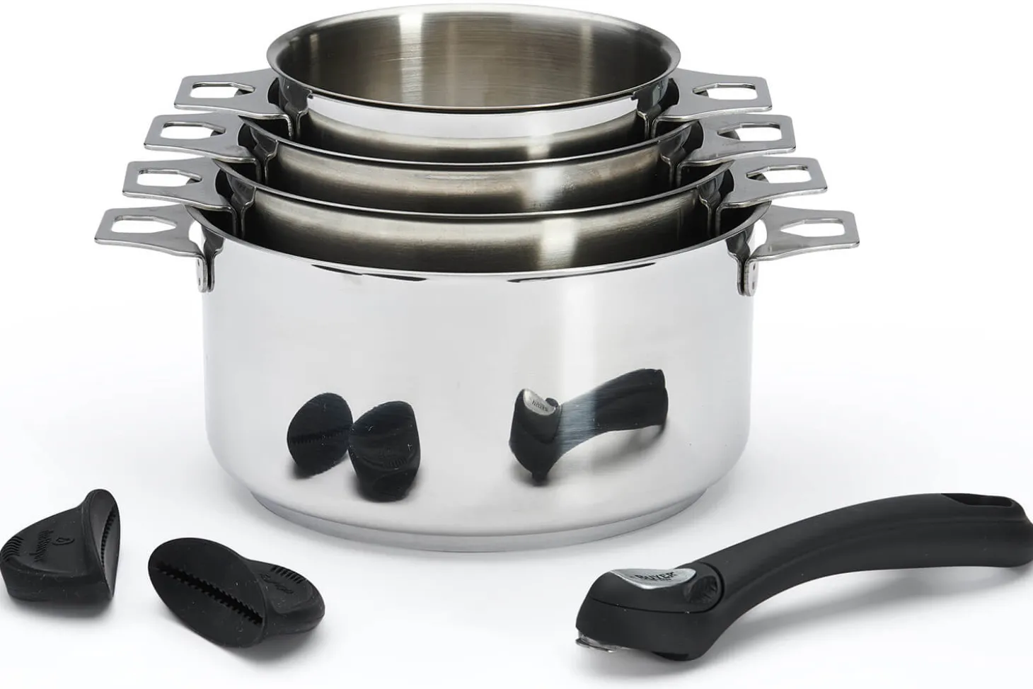 Set de 4 casseroles De Buyer Milady Twisty en acier inoxydable + 1 poignée + 2 anses