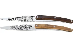 Set de 2 couteaux d'office Deejo Office Dandy et Latino manche en bois d'olivier et bois corail 9cm