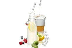 Set de 4 pailles courbées Gefu Future en verre transparent 23cm + brosse