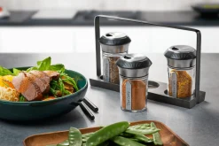 Set de 3 saupoudreuses à épices et herbes Gefu X-Plosion + support en acacia