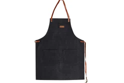 Tablier de cuisine Wusaki en toile noire charbon et cuir 83x67,5cm - Taille unique