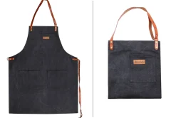 Tablier de cuisine Wusaki en toile noire charbon et cuir 83x67,5cm - Taille unique
