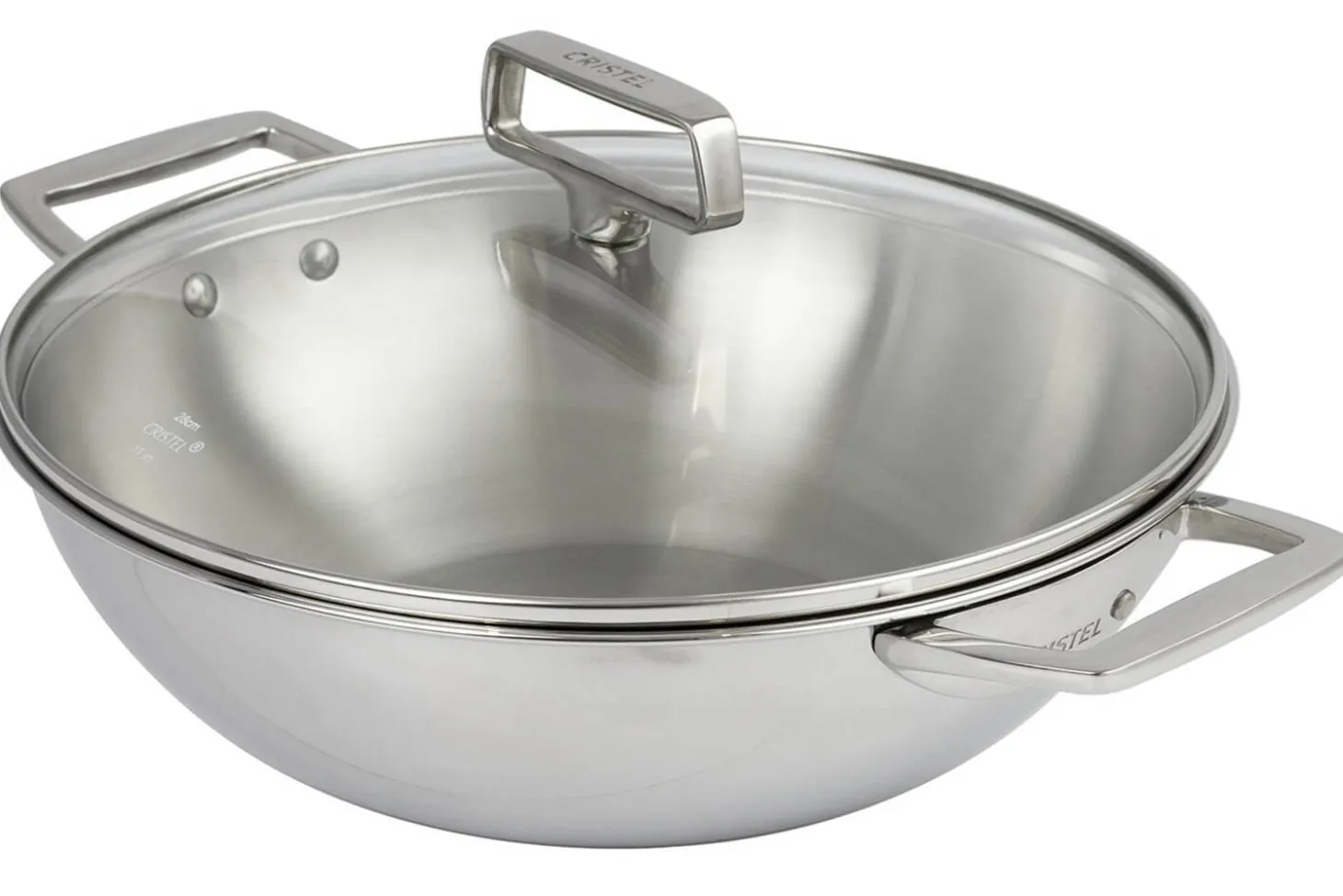Wok Cristel Castel'Pro 28cm en acier inoxydable 18/10 3 ply 2 anses fixes avec couvercle